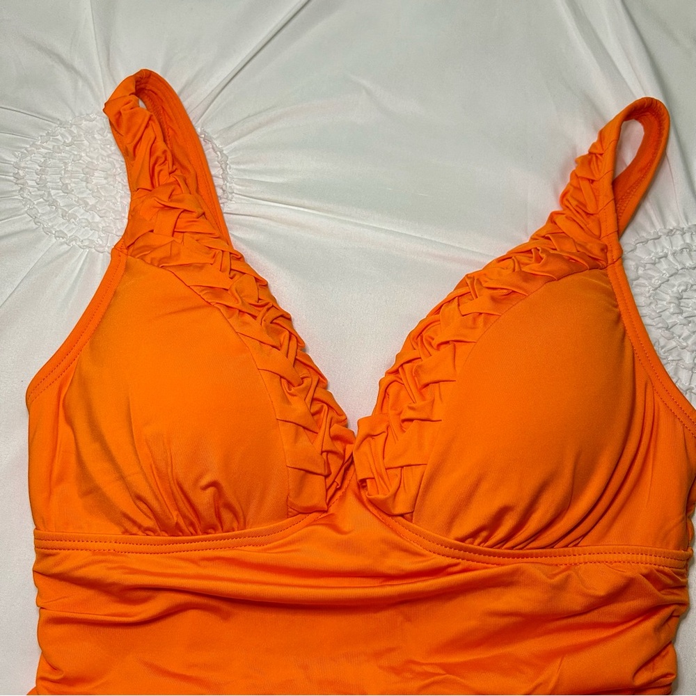 NWT Jantzen Orange V-Neck Ruch Mid Section Lightly Padded Cups One Piece Sz 10 - Picture 2 of 15